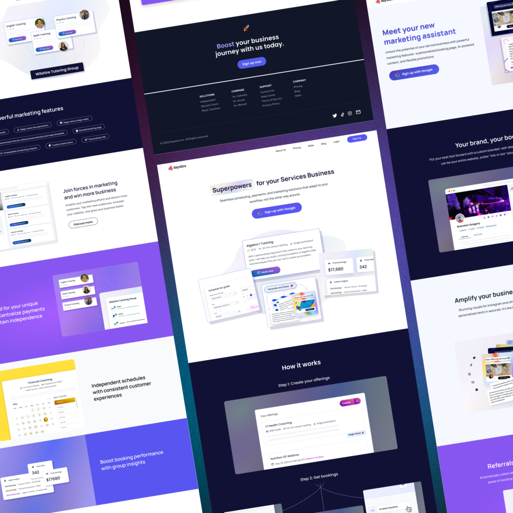 Mockup screens of Dayslice's marketing website I designed.
